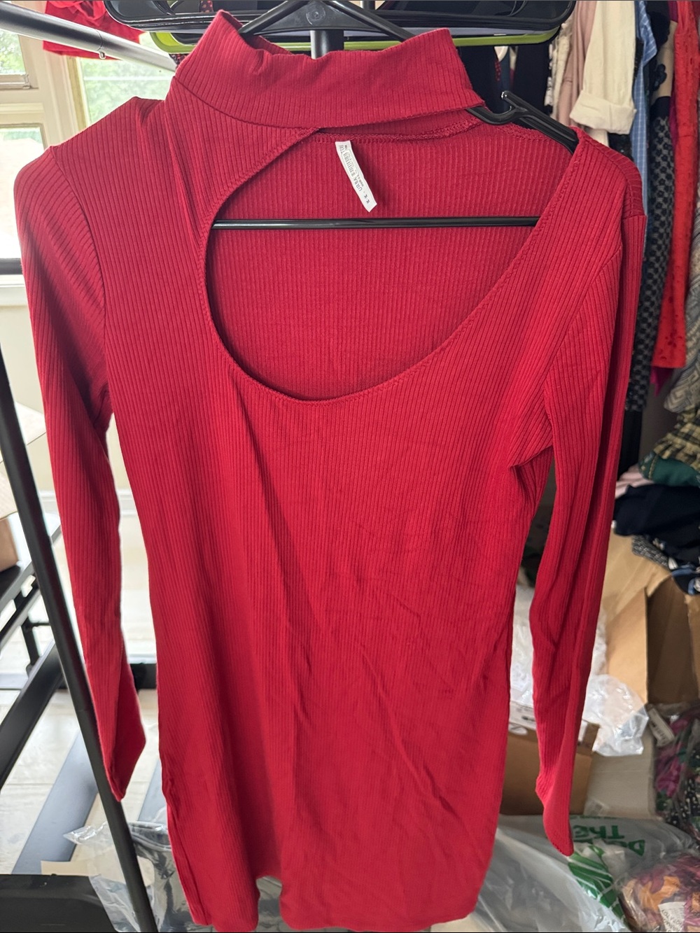 Urban Outfitters Fran Red Ribbed Long-Sleeve Mini Dress